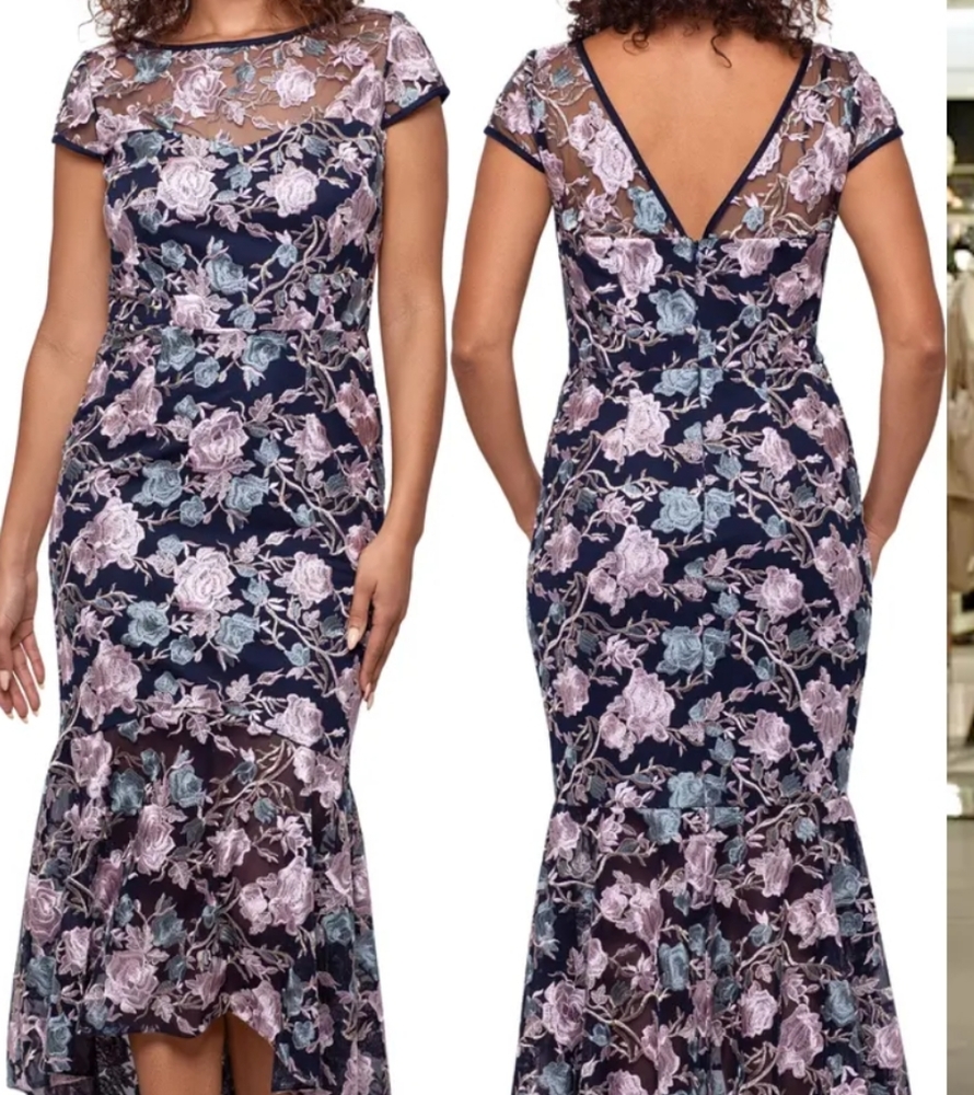 XSCAPE Floral Embroidered High/Low Cocktail Dress